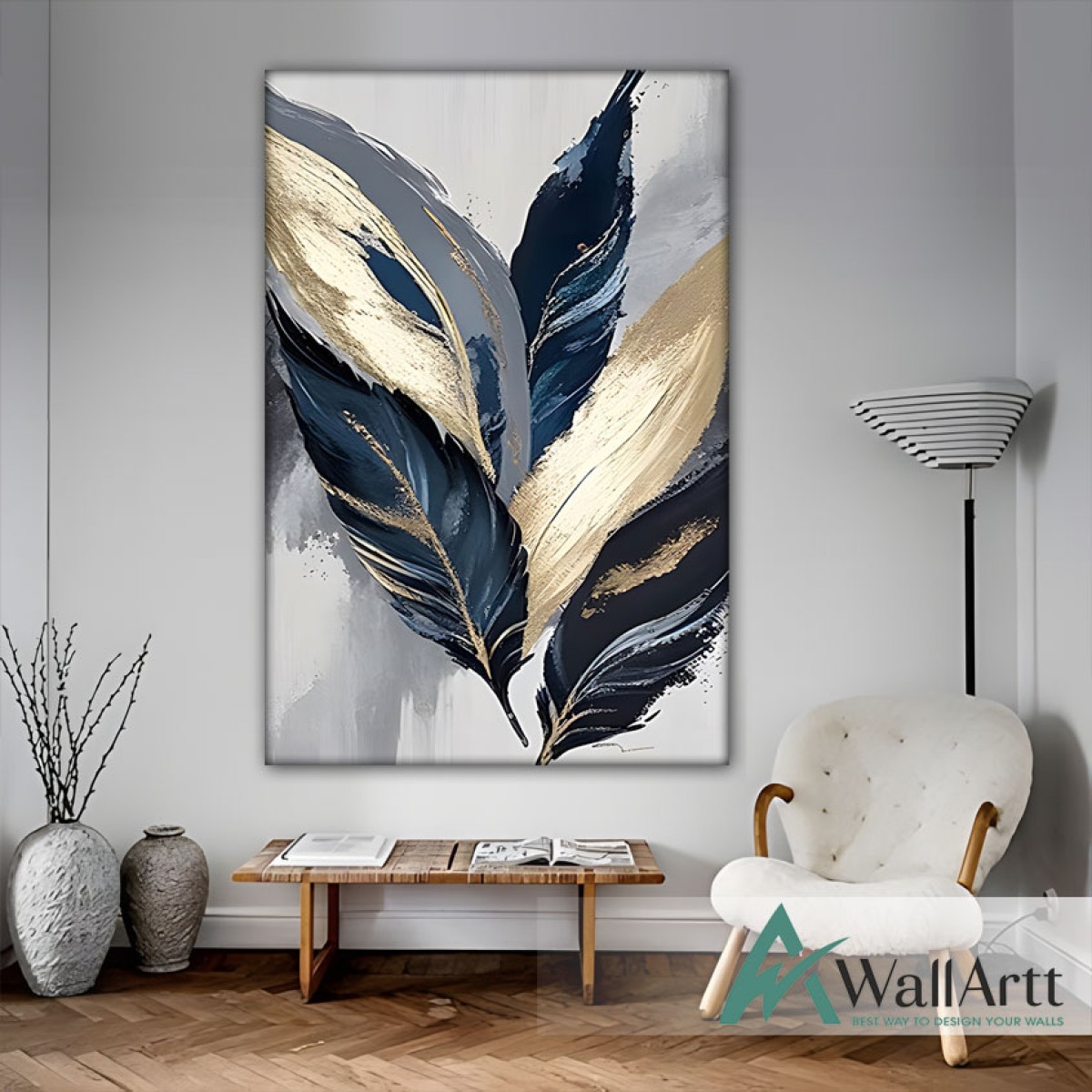 Gold n Navy Feather Textured Partial Oil Painting